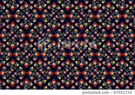 Black background from embroidery bouquets with stylized red and pink flowers and berries 67581724