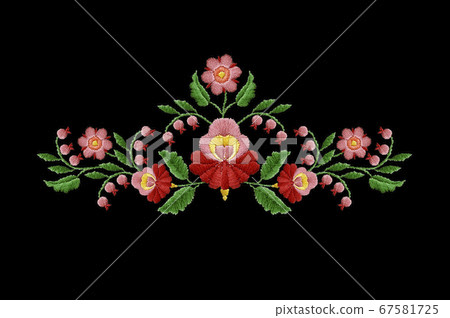 Embroidered border of red with pink flowers and berries with leaves on black background 67581725