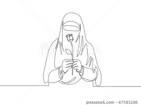 One single line drawing of young attractive Asian muslimah wearing burqa and holding rose flower One single line drawing of young attractive Asian muslimah wearing burqa and holding rose flower 67583286