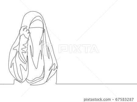 One single line drawing of young happy attractive Asian muslimah wearing burqa and pose nicely.  One single line drawing of young happy attractive Asian muslimah wearing burqa and pose nicely.  67583287
