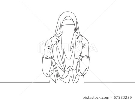 Single continuous line drawing of young cute Asian muslimah wearing burqa while touching her cheeks. Single continuous line drawing of young cute Asian muslimah wearing burqa while touching her cheeks. 67583289
