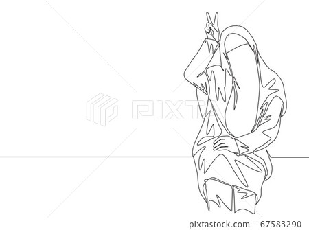 One single line drawing of young cute Asian muslimah wearing burqa while giving peace hand gesture.  67583290