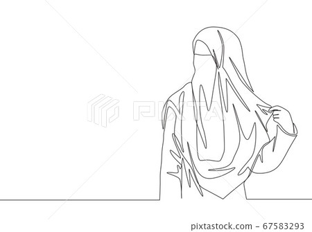 One single line drawing of young attractive Asian muslimah wearing burqa while holding her veil.  67583293