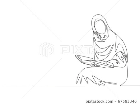 One single line drawing of young attractive muslimah with headscarf reading book at library One single line drawing of young attractive muslimah with headscarf reading book at library 67583346