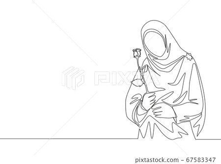 Single continuous line drawing of young happy cute muslimah with headscarf holding a flower rose. 67583347