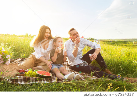 Cute family of three playing together on a picnic Cute family of three playing together on a picnic 67584337