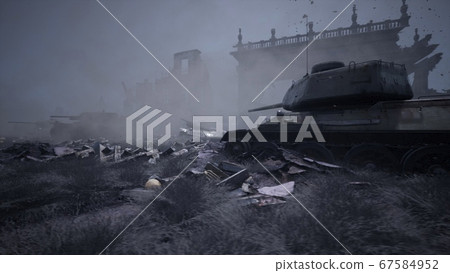 Military tanks from the second world war lie smashed on the battlefield next to human remains and the ruins of houses. The concept of war and the Apocalypse. 3D Rendering 67584952
