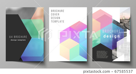 Vector layout of A4 format cover mockups design templates with colorful hexagons, geometric shapes, tech background for brochure, flyer layout, booklet, cover design, book design, brochure cover. 67585537