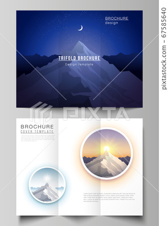 The minimal vector illustration layouts. Modern creative covers design templates for trifold brochure or flyer. Mountain illustration, outdoor adventure. Travel concept background. Flat design vector. The minimal vector illustration layouts. Modern creative covers design templates for trifold brochure or flyer. Mountain illustration, outdoor adventure. Travel concept background. Flat design vector. 67585640