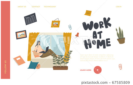 Remote Workplace, Freelance Self-employed Occupation Landing Page Template. Woman Freelancer, Outsourced Employee Work Remote Workplace, Freelance Self-employed Occupation Landing Page Template. Woman Freelancer, Outsourced Employee Work 67585809