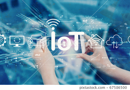 IoT theme with person using smartphone IoT theme with person using smartphone 67586500