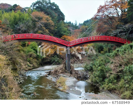 Scenery of red Kannon bridge following autumn leaves and birth Kannon in Yoro Valley, Chiba Prefecture Scenery of red Kannon bridge following autumn leaves and birth Kannon in Yoro Valley, Chiba Prefecture 67588949