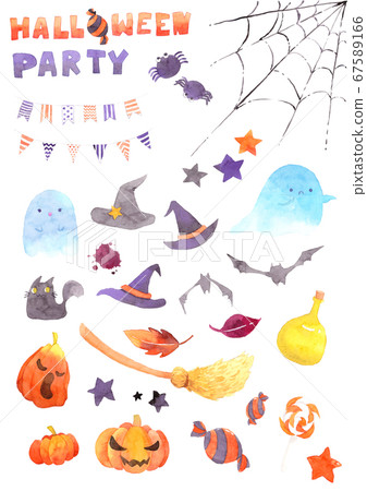 Watercolor Halloween Illustration Set. Funny Cute cartoon baby character, ghost spirit, spider, cobweb, Magic hat, sweets, stars, pumpkin, flag, bat, cat, leave, jack, good for holiday design Watercolor Halloween Illustration Set. Funny Cute cartoon baby character, ghost spirit, spider, cobweb, Magic hat, sweets, stars, pumpkin, flag, bat, cat, leave, jack, good for holiday design 67589166