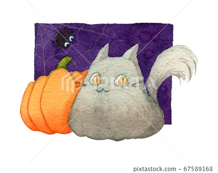 Cat, pumpkin and fat spider on purple background. Watercolor hand painting illustration. Design for halloween event. Clipping path. Cat, pumpkin and fat spider on purple background. Watercolor hand painting illustration. Design for halloween event. Clipping path. 67589168