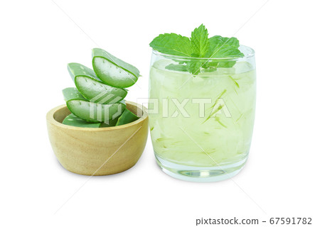 Aloe Vera for drinking on wood table isolated 67591782