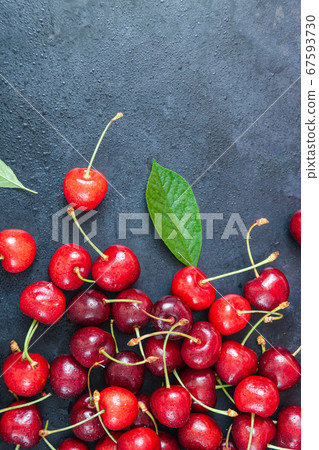 Cherry with leaf on plate and water dropsand on Cherry with leaf on plate and water dropsand on 67593730