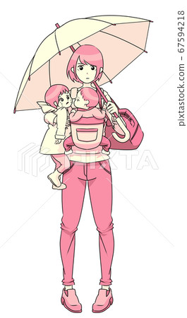 Parents and their children (mother, pink) who go to the park with an umbrella while taking an unpleasant child and a baby in a hug on a rainy day 67594218