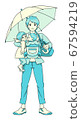A parent and a child (father, light blue) who go to the park with an umbrella while taking an unpleasant child and a baby in a hug on a rainy day 67594219
