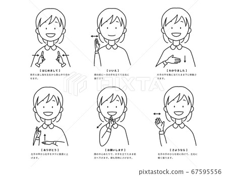 一組使用日常生活中經常使用的手語的婦女 一組使用日常生活中經常使用的手語的婦女 67595556