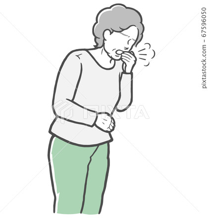 穿長袖子的中年婦女握她的嘴用手和咳嗽 穿長袖子的中年婦女握她的嘴用手和咳嗽 67596050