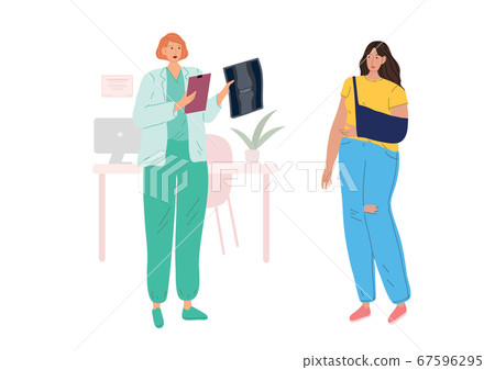 A woman with a sore hand at the doctor appointment. The doctor looking at her X-ray. 67596295