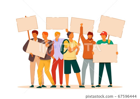 Striking man with placard on white background 67596444