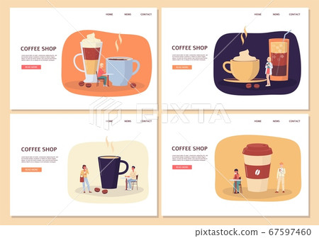 Set of web page mockups for coffee shop with people flat vector illustration. Set of web page mockups for coffee shop with people flat vector illustration. 67597460
