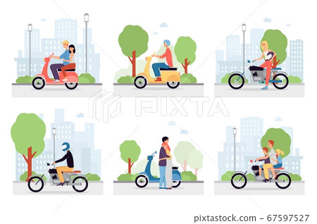 Motorcycle riders in the city streets. A set of vector illustrations 67597527