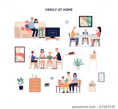 Family characters set spending time at home flat vector illustration isolated. 67597545