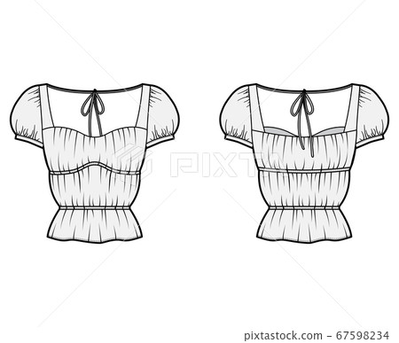 Shirt technical fashion illustration with oversized body, concealed button fastenings along front, delicate ruffles 67598234