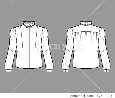 Bow-detailed blouse technical fashion illustration with ruffled collar, long sleeves with cuff, paneled front. Bow-detailed blouse technical fashion illustration with ruffled collar, long sleeves with cuff, paneled front. 67598293
