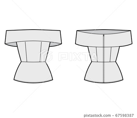 Off-the-shoulder peplum hem top technical fashion illustration with fitted body, zip fastening at back. 67598387