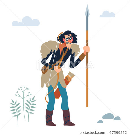 Viking. Crazy wiry long Viking with spear and bow. Design concept with flat human character. Cartoon flat vector illustration Viking. Crazy wiry long Viking with spear and bow. Design concept with flat human character. Cartoon flat vector illustration 67599252