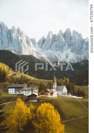 Val di Funes in the Dolomites at sunset, South Tyrol, Italy 67599794