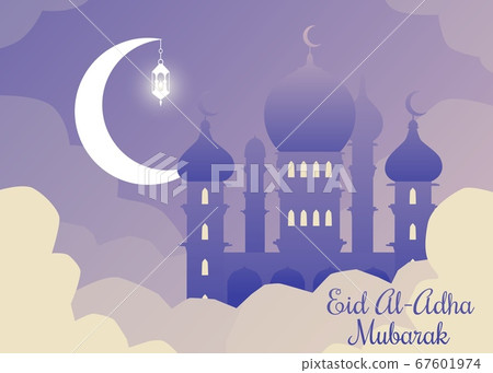 Eid Al-Adha Mubarak - Muslim religious holiday poster with mosque in clouds Eid Al-Adha Mubarak - Muslim religious holiday poster with mosque in clouds 67601974