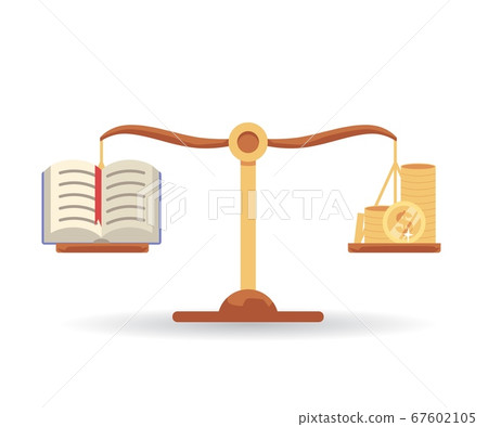 Balance scales weighing book and money equally, knowledge and wealth Balance scales weighing book and money equally, knowledge and wealth 67602105