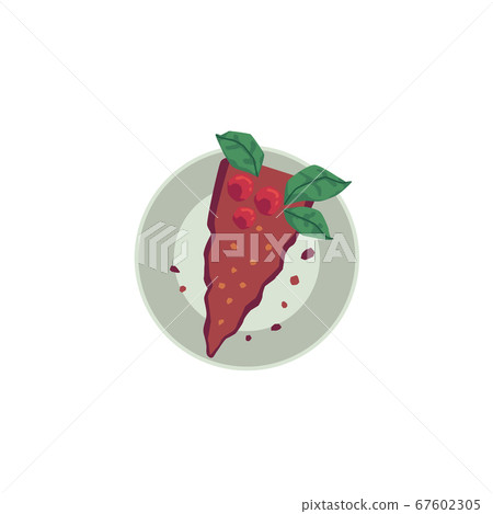 Piece chocolate brown cake dessert on plate, flat vector illustration isolated. Piece chocolate brown cake dessert on plate, flat vector illustration isolated. 67602305