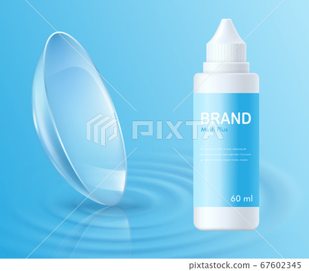 Template for eye contact lenses ad with bottle realistic vector illustration. Template for eye contact lenses ad with bottle realistic vector illustration. 67602345