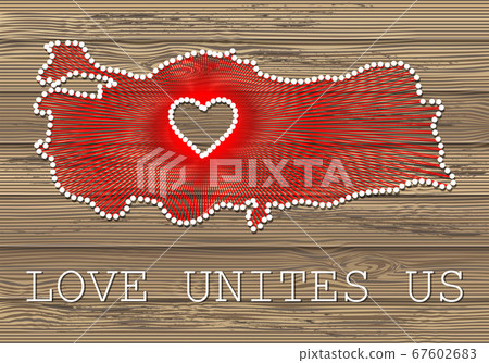 Turkey art vector map with heart. String art, yarn and pins on wooden planks texture. Love unites us. Message of love. Turkey art map Turkey art vector map with heart. String art, yarn and pins on wooden planks texture. Love unites us. Message of love. Turkey art map 67602683