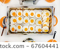 Top view, Group of Fried egg in aluminium tray 67604441