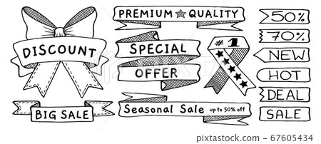 Doodle banners, flags, ribbons and tags set, hand drawn with thin line Doodle banners, flags, ribbons and tags set, hand drawn with thin line 67605434