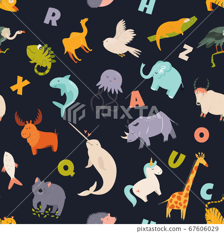 Colorful seamless pattern with cute funny animals - Stock Illustration ...
