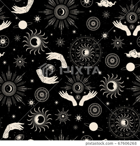 Seamless pattern. Black background. Magical...-插圖素材 [67606268] - PIXTA圖庫