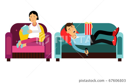 Young Man and Woman Character Having Rest on Couch Vector Illustration Set Young Man and Woman Character Having Rest on Couch Vector Illustration Set 67606803