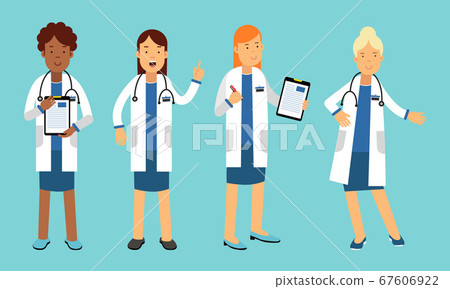 Smiling Woman Doctors Wearing Medical Uniform Vector Illustrations Set 67606922