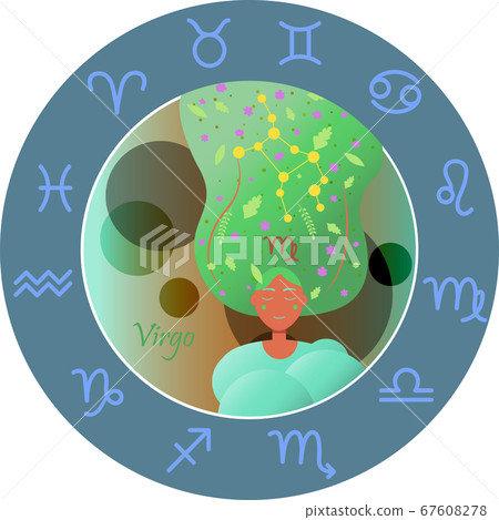 Vector illustration of the zodiac sign by horoscope. A girl with long hair of the starry sky and the constellations of Aries, Taurus, Gemini, cancer, Leo, Virgo, Libra, Scorpio, Sagittarius, Capricorn Vector illustration of the zodiac sign by horoscope. A girl with long hair of the starry sky and the constellations of Aries, Taurus, Gemini, cancer, Leo, Virgo, Libra, Scorpio, Sagittarius, Capricorn 67608278