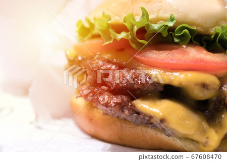 Double cheeseburger with tomato lettuce and onion, Double cheeseburger with tomato lettuce and onion, 67608470