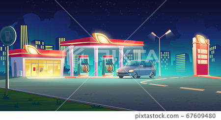 Gas station with oil pump and market at night Gas station with oil pump and market at night 67609480
