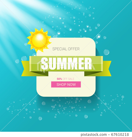 vector special offer summer label design template . Summer sale banner or badge with beautiful sun and calligraphic text on azure background with sun lights vector special offer summer label design template . Summer sale banner or badge with beautiful sun and calligraphic text on azure background with sun lights 67610218