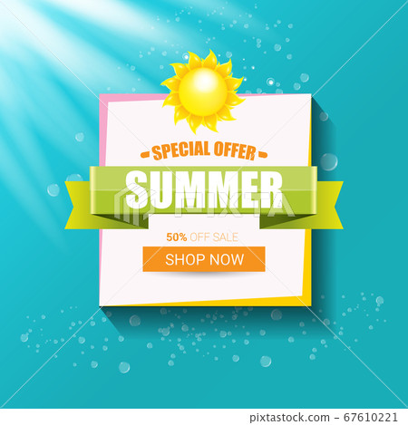 vector special offer summer label design template . Summer sale banner or badge with beautiful sun and calligraphic text on azure background with sun lights vector special offer summer label design template . Summer sale banner or badge with beautiful sun and calligraphic text on azure background with sun lights 67610221